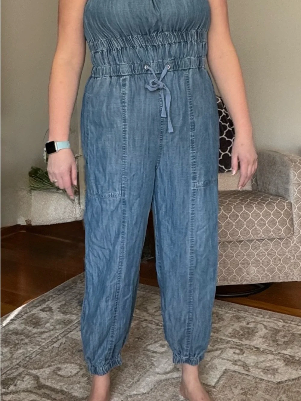 Elan Light Blue Shiloh Denim Jumpsuit with Drawstring Waist XL - Picture 3 of 10